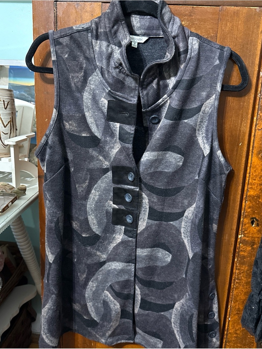 John Mark Vest Women’s Small  Black Gray Long Sleeveless Button Collared